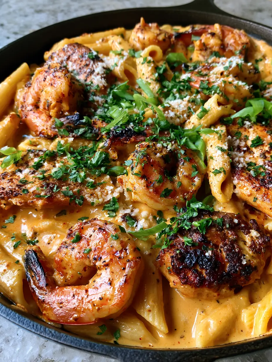 Close-up high-angle shot of creamy Cajun chicken and shrimp penne in a cast iron skillet showing charred chicken and glossy sauce.