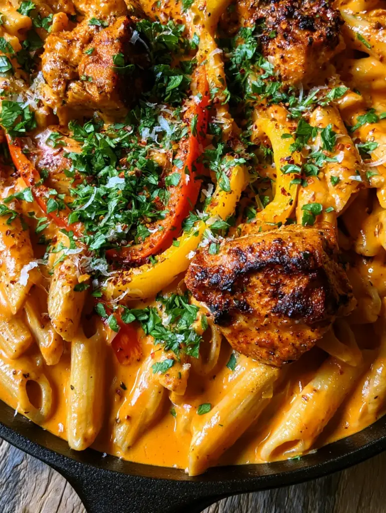 One pot Cajun chicken pasta: The Ultimate Creamy Weeknight Dinner 1 Seared chicken chunks with blackened seasoning inside a skillet of One pot Cajun chicken pasta.