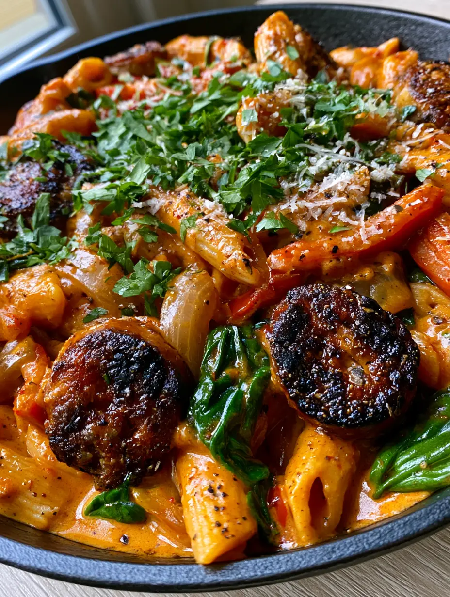 Creamy Smoky Cajun Sausage Penne with Charred Andouille 3 Close up photo of creamy smoky cajun sausage penne showing charred andouille edges and glossy orange sauce. (creamy smoky cajun sausage penne)