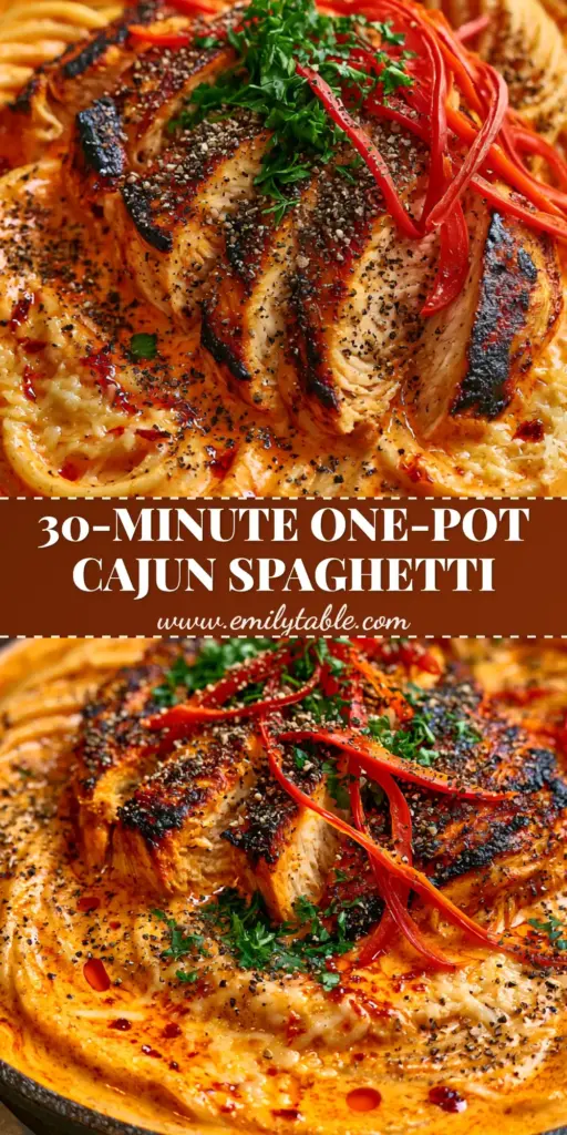 A top-down view of creamy Cajun chicken spaghetti in a cast iron skillet with golden chicken slices and chili oil droplets.