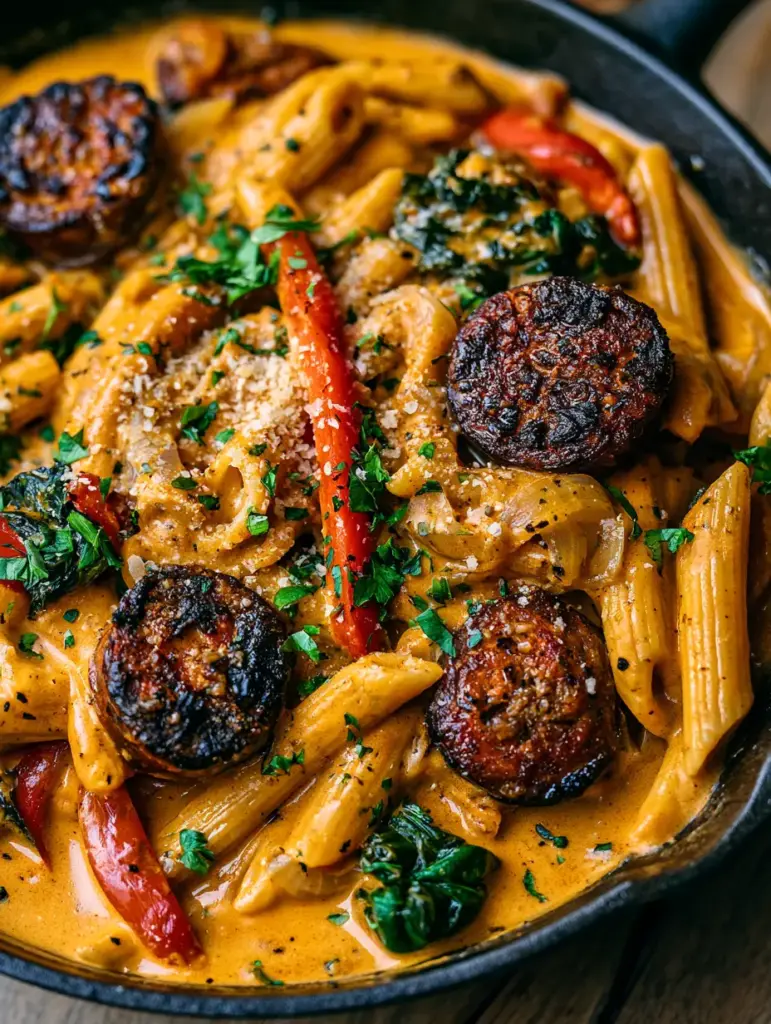 Creamy Spicy Cajun Sausage Pasta: The Ultimate One-Skillet Comfort Meal 1 Rustic skillet filled with Creamy Spicy Cajun Sausage Pasta, red bell peppers, and wilted spinach.