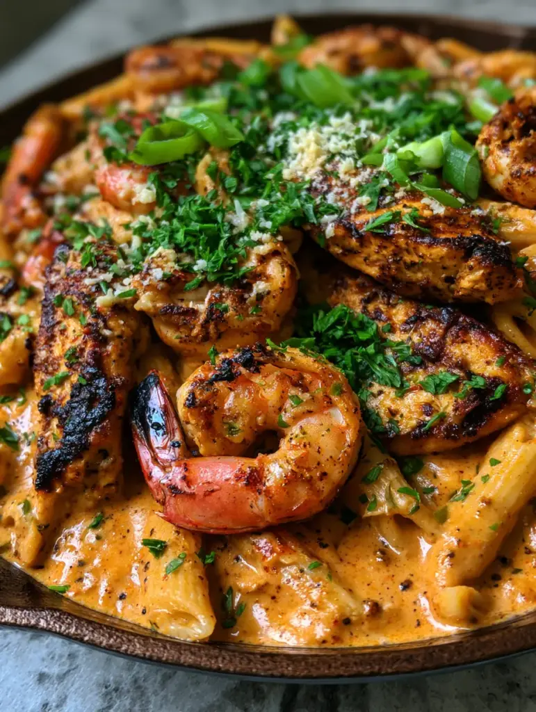 A top-down view of Cajun chicken and shrimp penne highlighting the vibrant green parsley and scallion garnish.