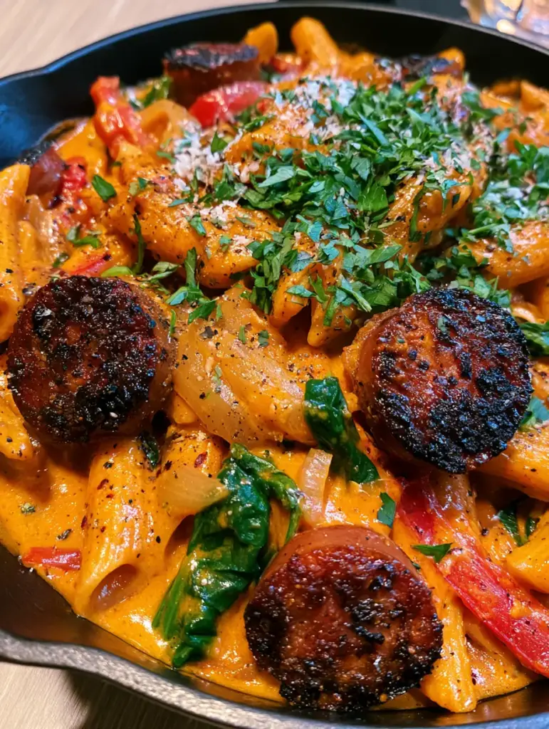 Creamy Smoky Cajun Sausage Penne with Charred Andouille 1 A smartphone photo of the completed creamy smoky cajun sausage penne sitting on a light wood background.