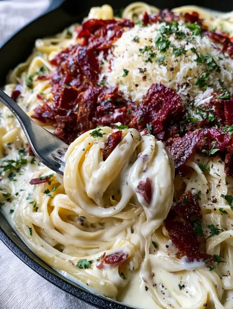 A fork lifting a swirl of fettuccine from a skillet of Creamy Bacon Pasta, showing the velvety sauce drip.
