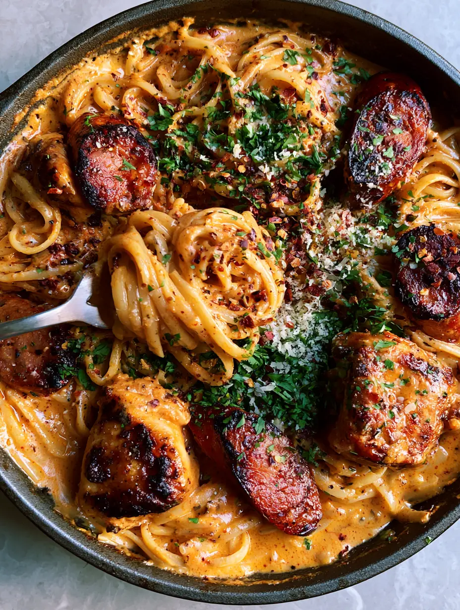 Overhead view of Cajun Sausage and Chicken Linguine in a cast iron skillet with charred andouille and orange sauce. (Cajun Sausage and Chicken Linguine)