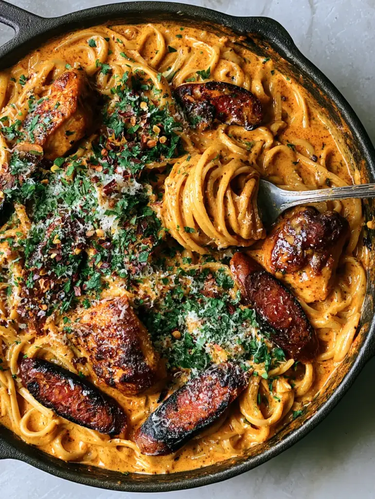 Close up of a fork lifting a swirl of Cajun Sausage and Chicken Linguine showing the thick orange cream sauce.