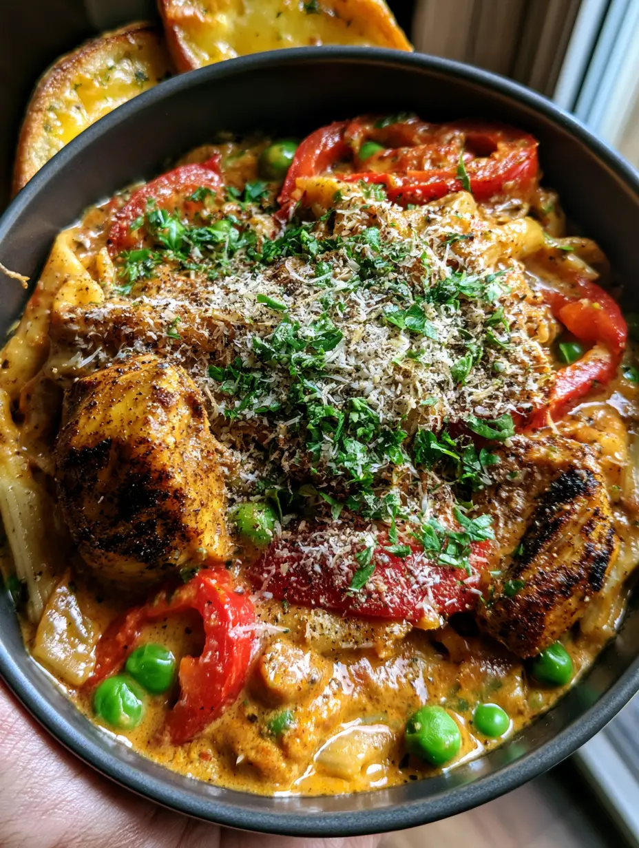 Top-down view of a hand holding a bowl of Cajun chicken penne pasta with thick orange sauce and green peas.
