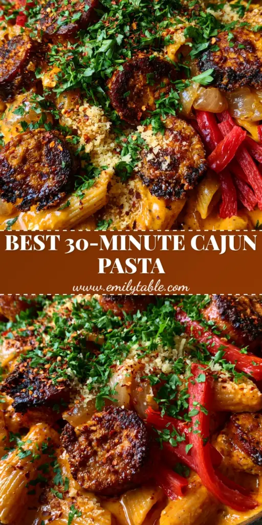 A close-up shot of creamy Cajun sausage pasta in a cast iron skillet with vibrant orange sauce and charred sausage. (Cajun sausage pasta recipe)