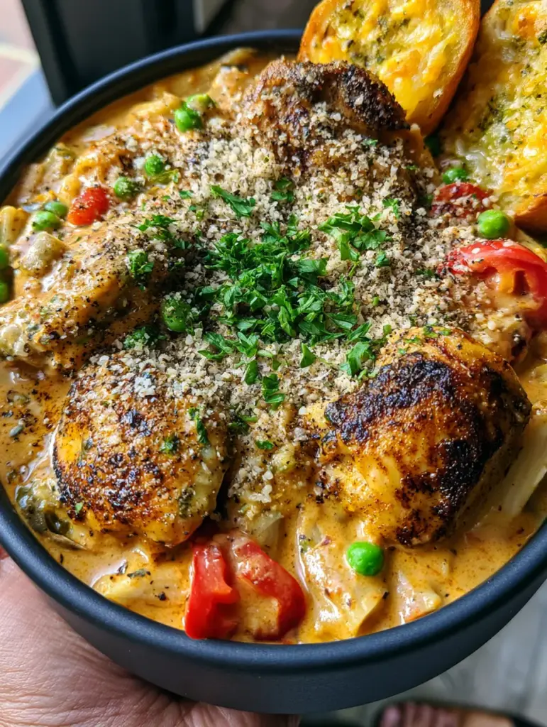 Detailed shot of blackened chicken chunks and red bell peppers in a creamy Cajun sauce over penne.
